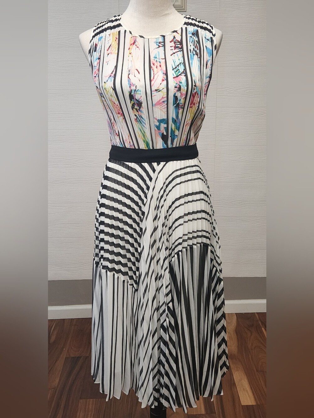 BCBGMAXAZRIA Colorblock Pleated Midi Kaitlynn Dress Multicolor Abstract Stripe
